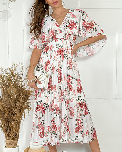 Royalfashion Rochie midi plisată cu motive florale pentru femei