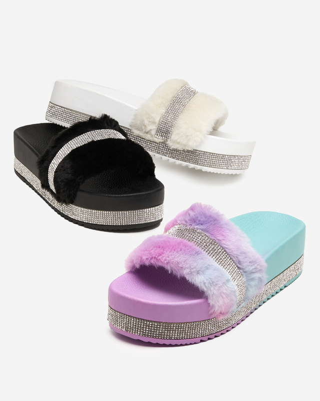 Papuci de dama albi cu blana si zirconiu cubic Zerika - Incaltaminte