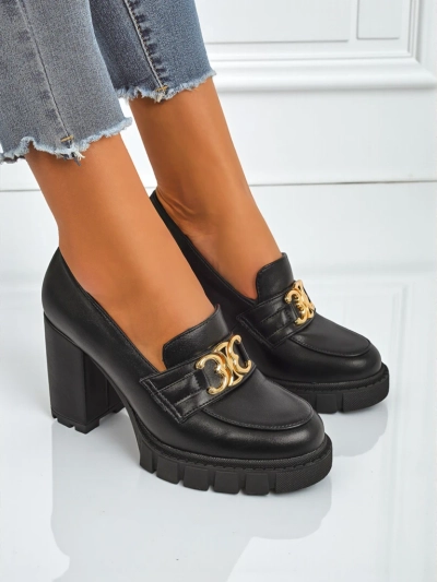 Zapatos de salón de mujer Nero Aurora con tacón de bloque y hebilla dorada, piel ecológica