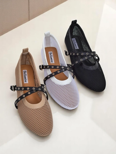 Balerini Royalfashion Calista Bianca – pantofi de damă albi tip plasă cu barete negre