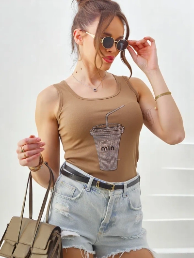 Royalfashion Top de bumbac pentru femei cu bretele și cupe cu strasuri