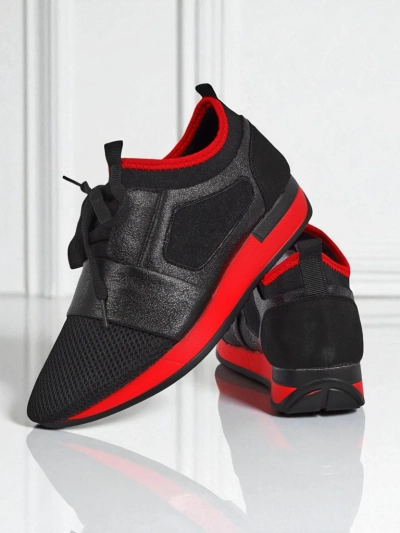 Sneakers de damă Artemida Nero din material textil și piele ecologică cu accent roșu