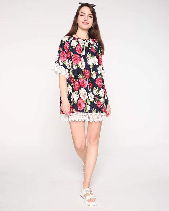 Bluză de damă bleumarin cu flori MĂRI PLUS - Îmbrăcăminte