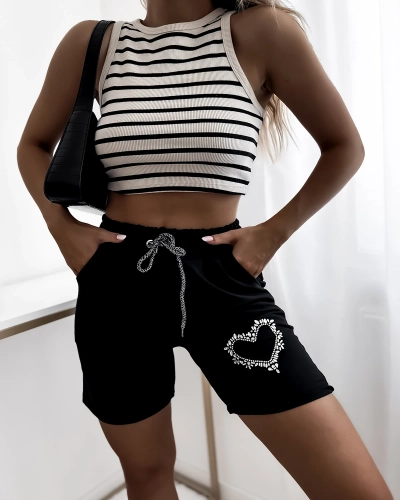 Royalfashion Pantaloni scurți negri pentru femei cu inimă de zirconiu