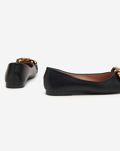 Balerini de dama neagra din piele ecologica cu decor gassi auriu - pantofi