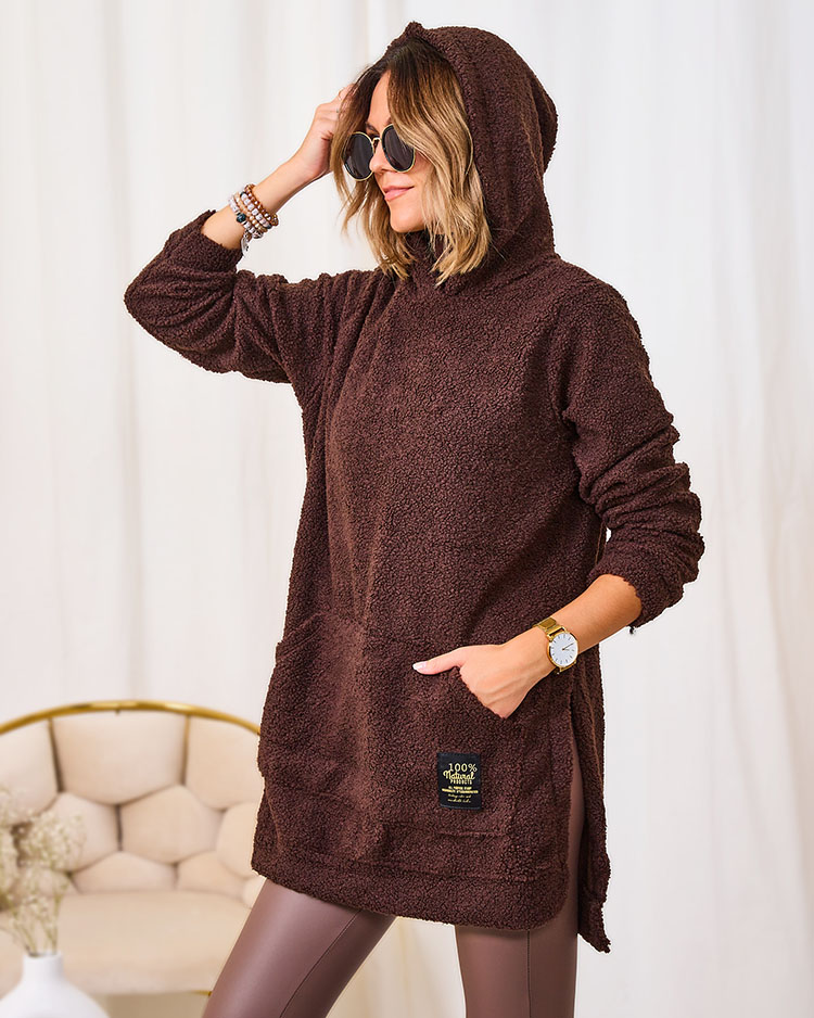 Royalfashion Pulover lung de damă maro închis cu glugă