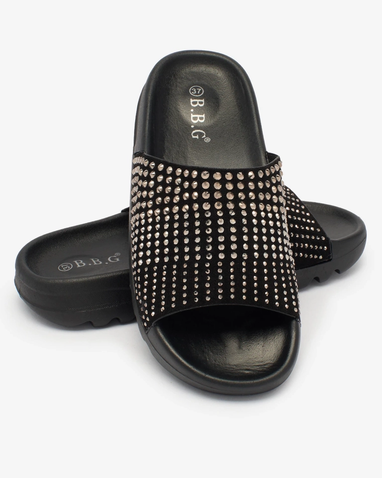 Royalfashion Șlapi de damă negri cu zirconii Lesixa