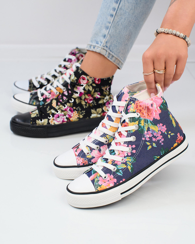Royalfashion Adidași înalți de damă de culoare albastru marin cu imprimeu floral colorat Fahenna