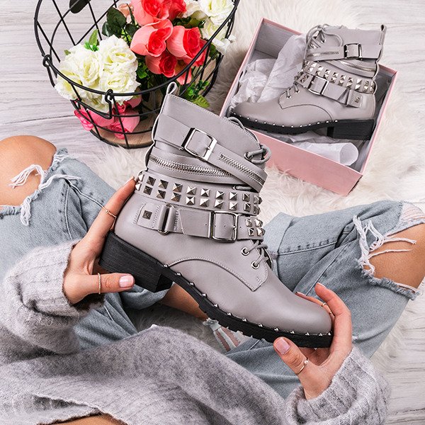 Szare workery z ćwiekami i suwakami Tessa - Obuwie