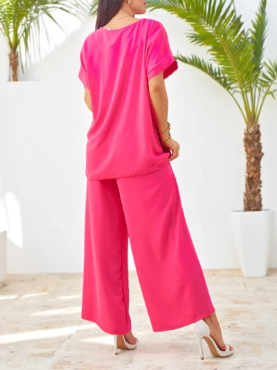 Royalfashion Set femei cu mâneci scurte, floare decorativă și pantaloni largi