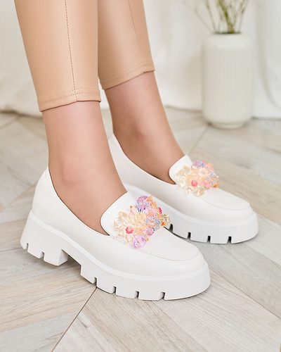 Royalfashion Mocasini albi pentru femei cu cristale colorate Crystal Glam