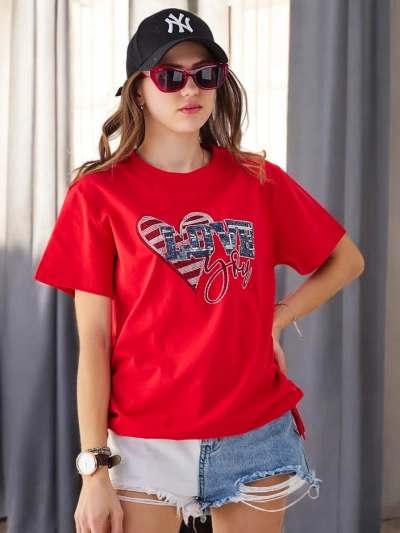 Royalfashion Tricou din bumbac pentru femei LOVE cu strasuri