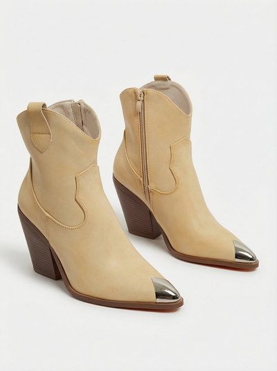 Botine cowboy de damă cu toc și vârf decorativ Fang Glacier