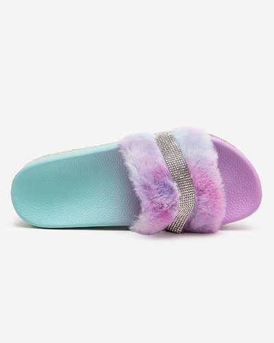 Papuci de dama violet-menta cu blana si zirconiu cubic Zerika - Incaltaminte