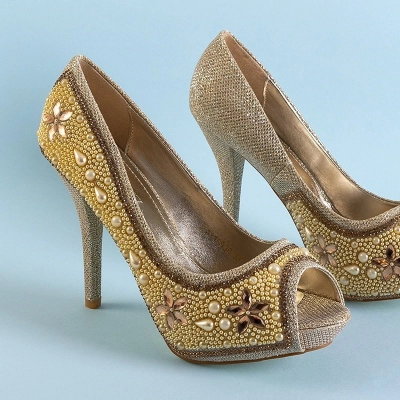 OUTLET Pompă de brocart pentru femei de aur, cu zirconii și perle Gitana - pantofi