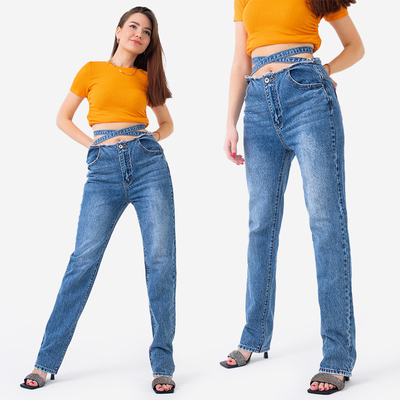 Blugi de damă boyfriendy blue din denim cu curea decorativă - Îmbrăcăminte