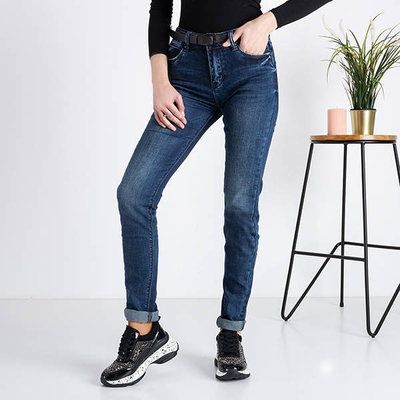 Pantaloni din denim de culoare albastru marin, cu o centură - Îmbrăcăminte