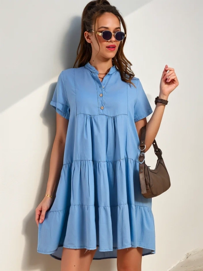 Royalfashion Tunică pentru femei, cusută ca o rochie, cu decolteu din denim cu nasturi