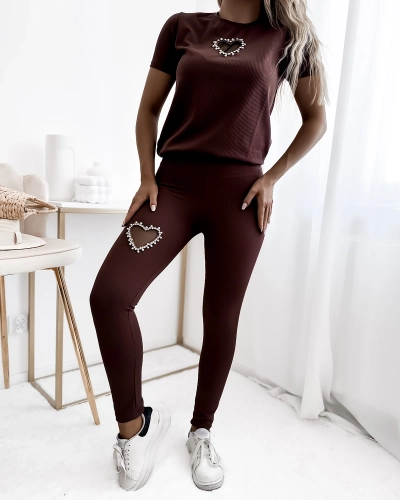 Royalfashion Set sport pentru femei maro închis cu inimioare