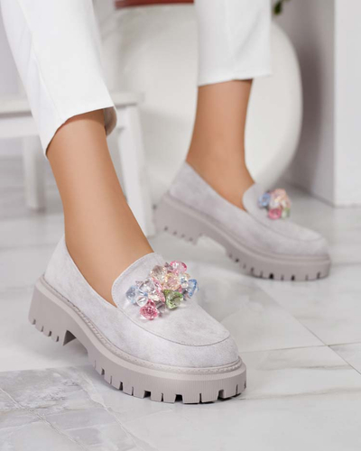 Mocasini de damă gri deschis cu mărgele colorate Hetika - Încălțăminte