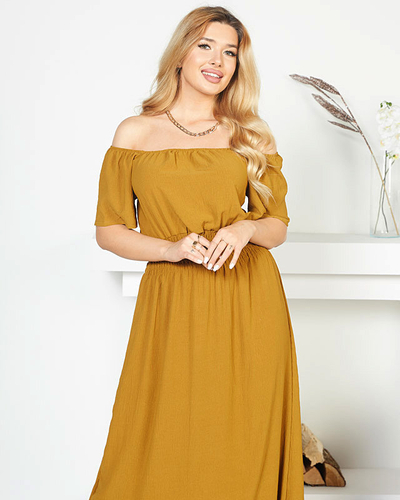 Rochie midi mustar cu talie elastica - Imbracaminte