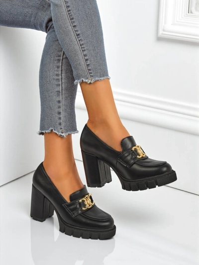 Zapatos de salón de mujer Nero Aurora con tacón de bloque y hebilla dorada, piel ecológica