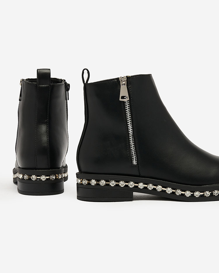 Royalfashion Cizme negre cu toc plat pentru femei, cu zirconii Wiskuni