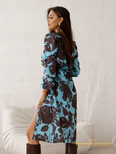 Rochie Afrodyta Blu Oceano – albastru midi, mâneci lungi, stil clasic