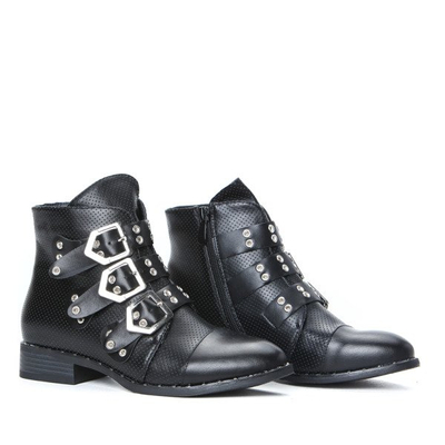 Czarne, ażurowe botki z trzema klamrami Adele- Obuwie