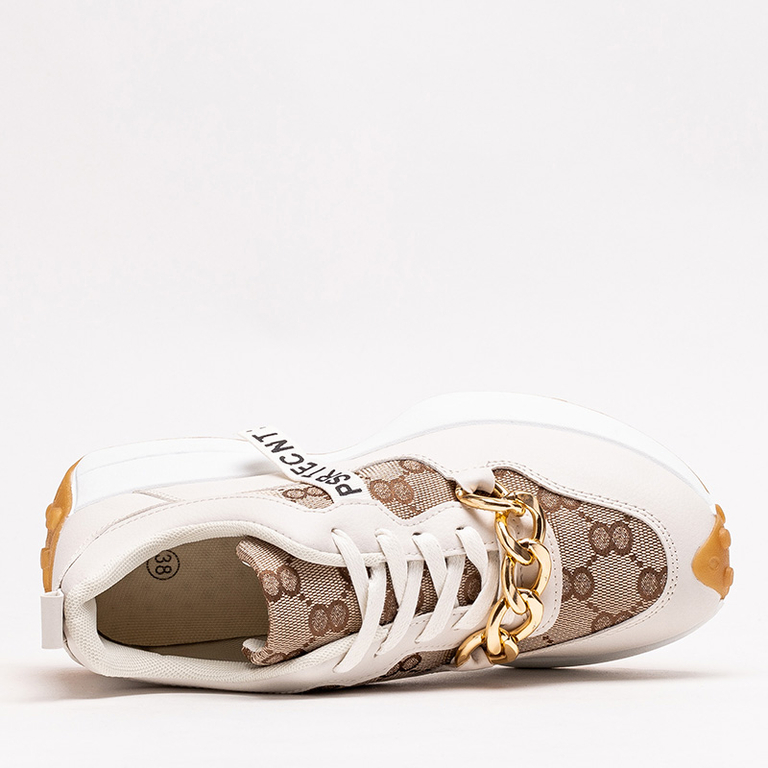 Adidași de damă albi și maro deschis cu imprimeu Philly- Footwear