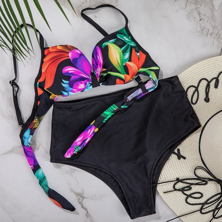 Costum de baie negru din două piese, cu model floral - Lenjerie de corp