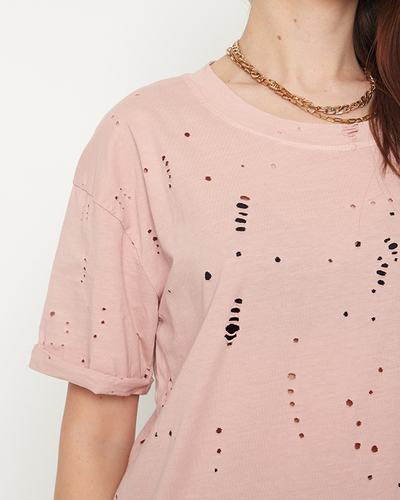 Tricou de damă din bumbac cu găuri decorative în roz pastel - Îmbrăcăminte