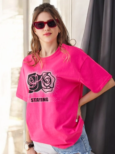 Royalfashion Tricou pentru femei din bumbac cu floare de trandafir