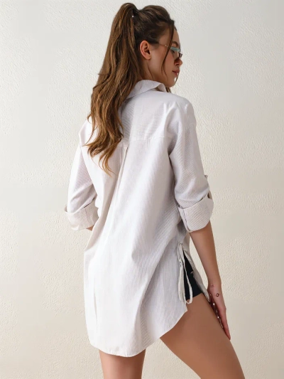 Royalfashion Cămașă din bumbac cu dungi pentru femei, mai lungă, cu unghi la talie
