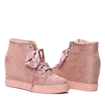 Różowe sneakersy na krytym koturnie wiązane wstążką Isabela- Obuwie
