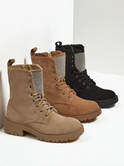 Botine de damă Ferlyne din piele ecologică de căprioară cu șireturi