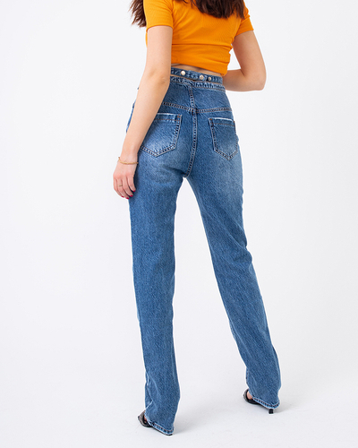 Blugi de damă boyfriendy blue din denim cu curea decorativă - Îmbrăcăminte