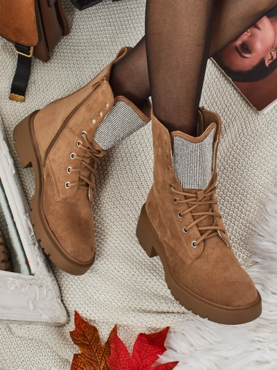 Botine de damă Ferlyne din piele ecologică de căprioară cu șireturi