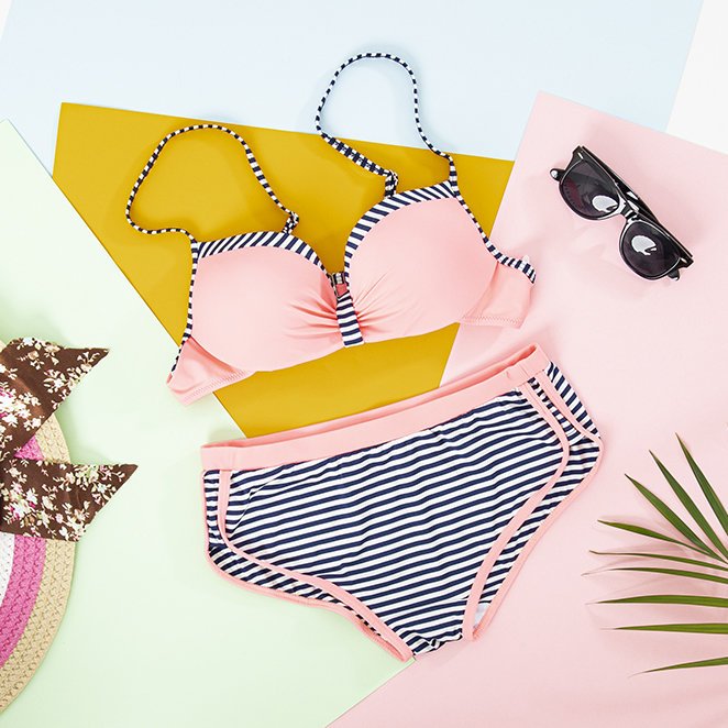 Costum de baie în dungi cu două piese pentru femei roz - Lenjerie de corp