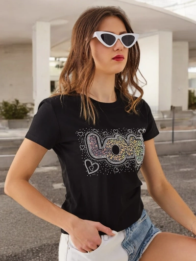 Royalfashion Tricou din bumbac pentru femei LOVE cu strasuri