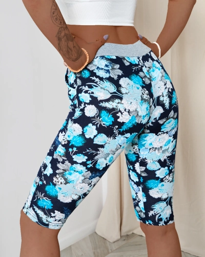 Pantaloni scurți 3/4 de damă, albastru închis, cu model floral - Îmbrăcăminte