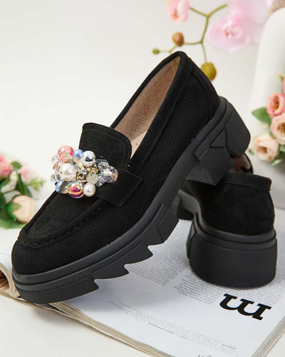 Royalfashion Mocasini negri de damă cu cristale colorate Glam