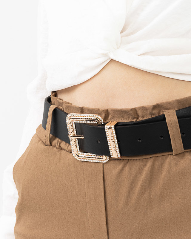 Cureaua neagra de dama cu catarama aurie cu zirconiu cubic - Accesorii