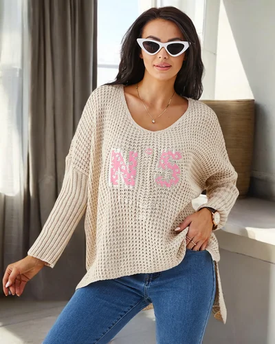 Pulover tricotat din acril pentru femei Royalfashion cu texte
