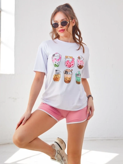 Set sportiv Royalfashion pentru femei cu tricou și pantaloni scurți Kitty Cat