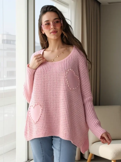 Pulover oversized din acril pentru femei Royalfashion cu inimi