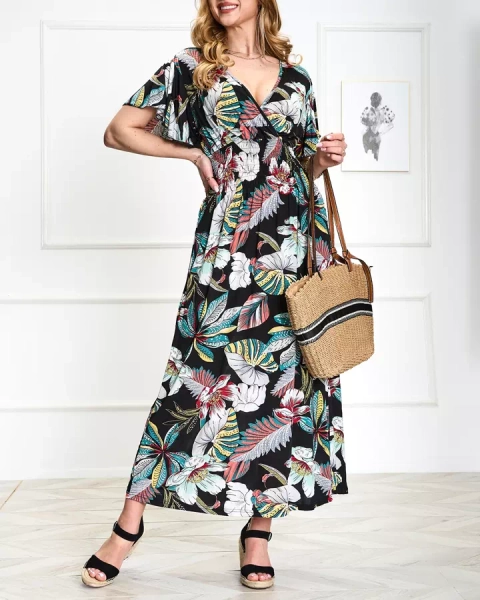 Rochie midi cu flori negre de damă - Îmbrăcăminte