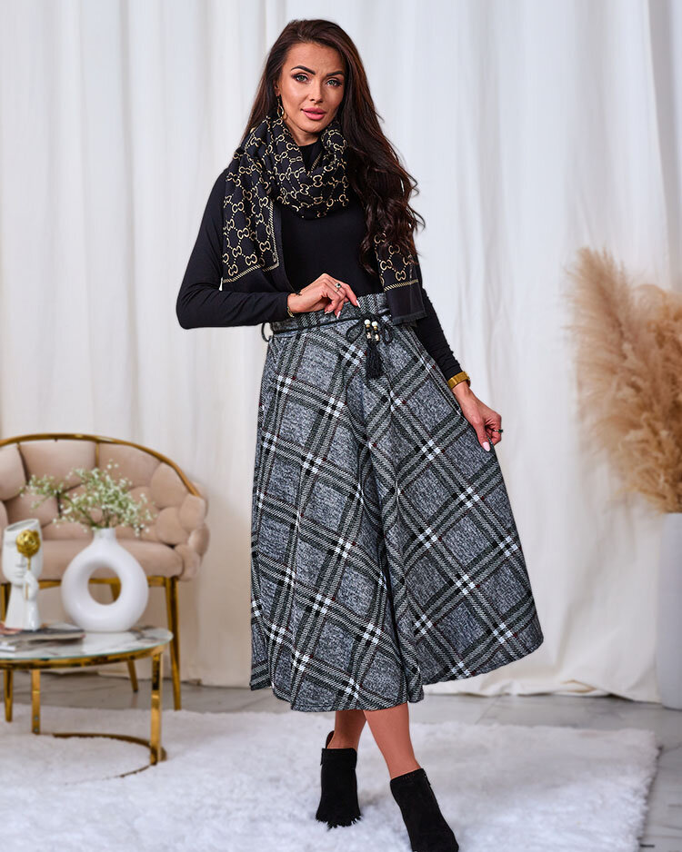 Royalfashion Fustă lungă pentru femei, gri și roșie, în carouri