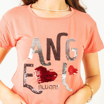 Tricou dama coral cu inscriptie din paiete - Imbracaminte