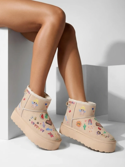 Callisto Angelico Insulated Shoes with Children's Drawings on Beige Platform